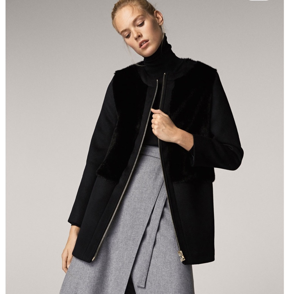 Massimo Dutti Black Wool/Fur Contrast Coat  36 NWT